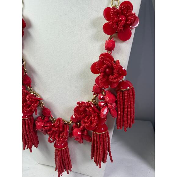 J. Crew holiday red honeymoon flower floral tassel statement runway necklace - Picture 4 of 6